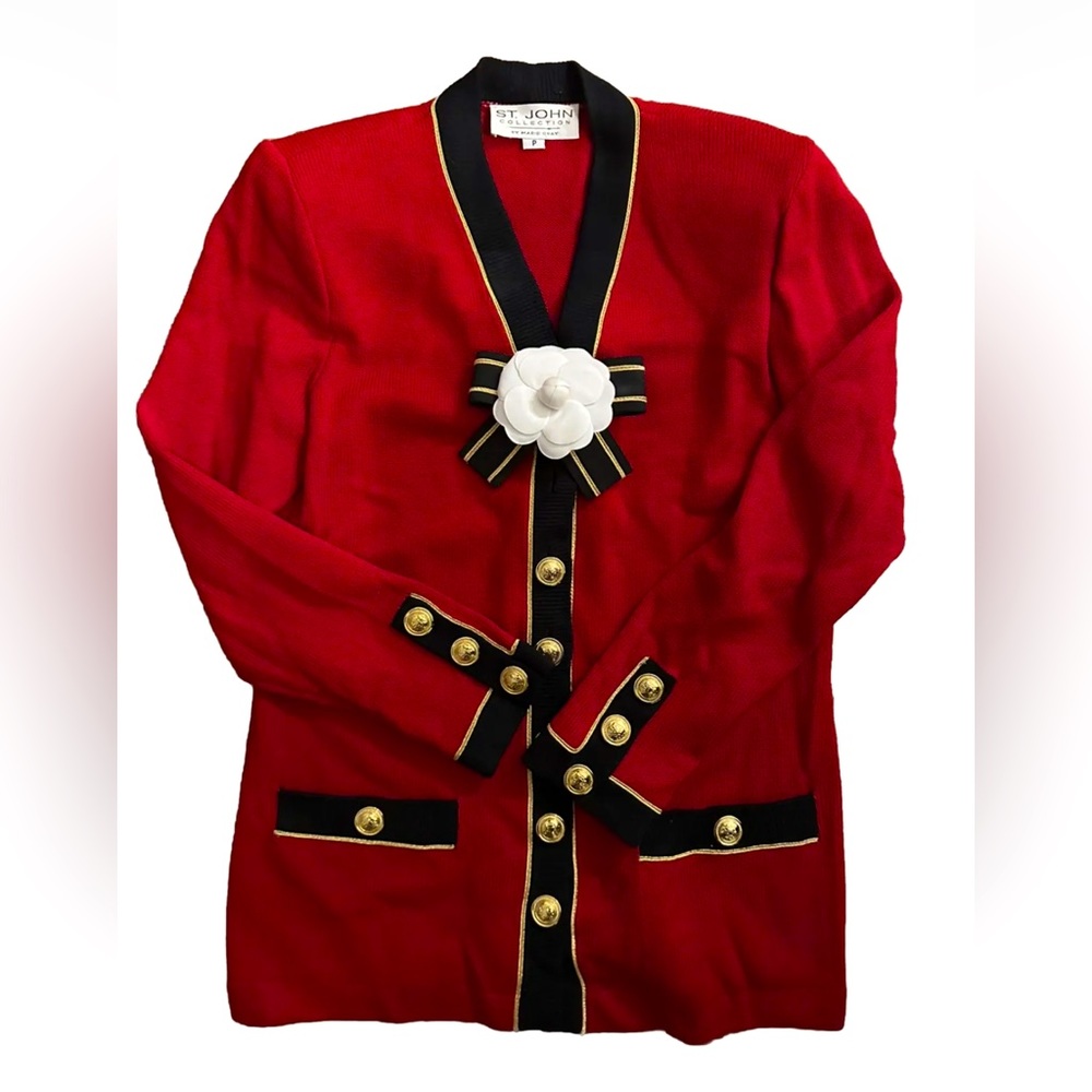 St John Collection Cardigan Womens Red Gold Santana Knit Marie Gray Holiday Sz S
